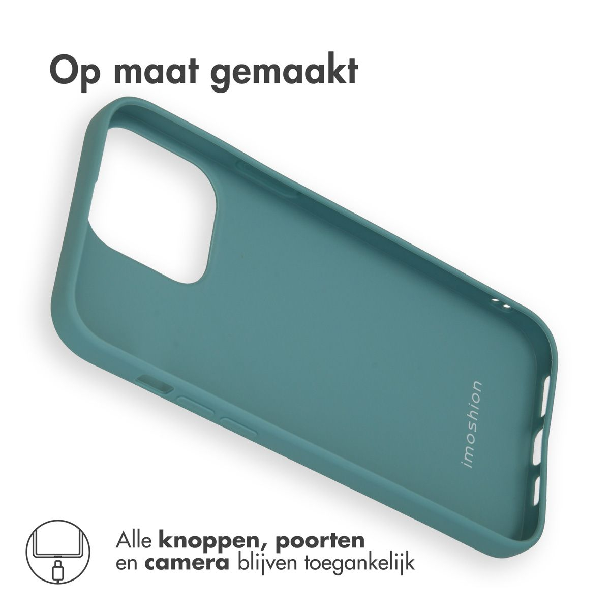 Een teal telefoonhoesje met de tekst 'Op maat gemaakt'. De onderkant toont 'Alle knoppen, poorten en camera blijven toegankelijk'.