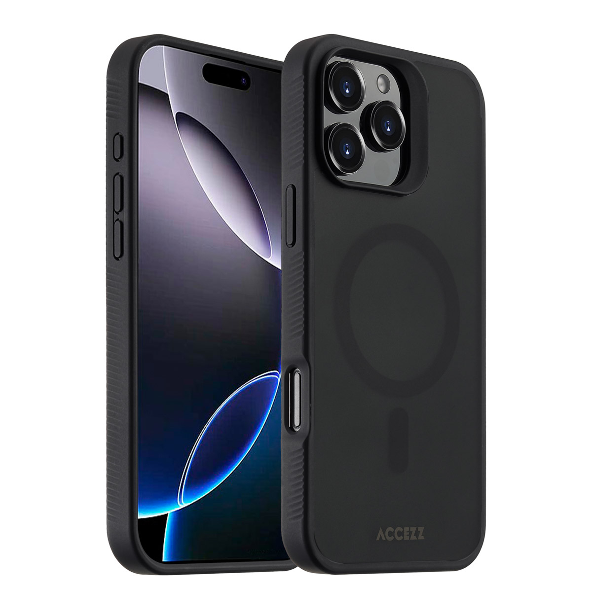 Deux coques noires pour iPhone. L'une montre l'écran du téléphone, l'autre couvre l'arrière avec un anneau MagSafe. Texte 'ACCEZZ' visible.