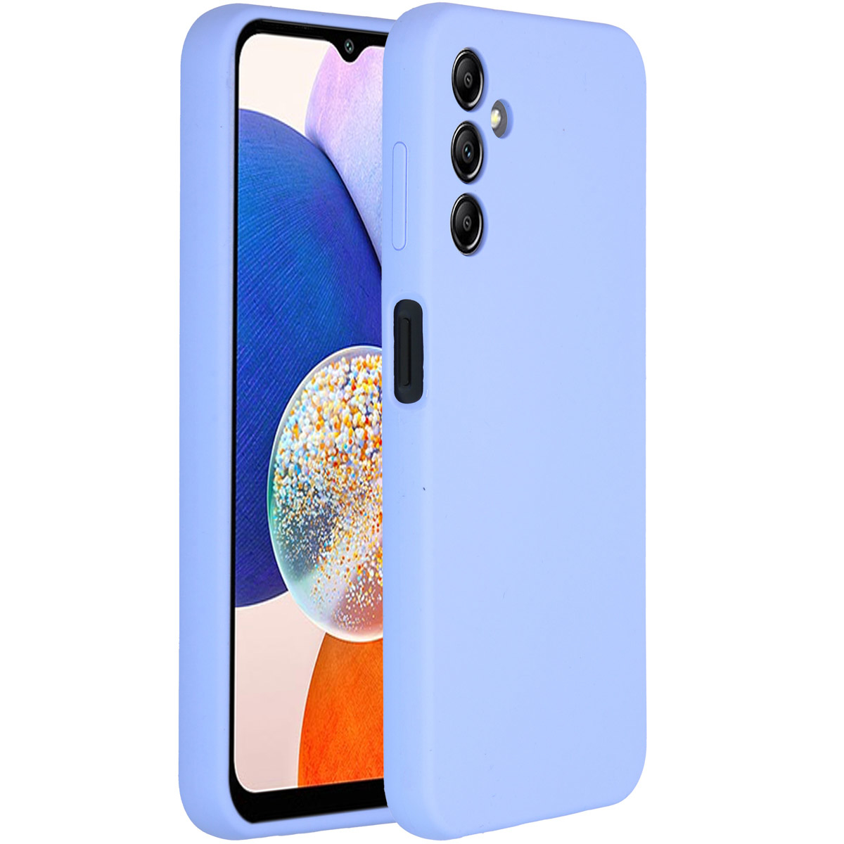 Een lichtblauwe telefoonhoes met een telefoon erin. De telefoon heeft een scherm met een kleurrijk patroon. De hoes heeft cameragaten.