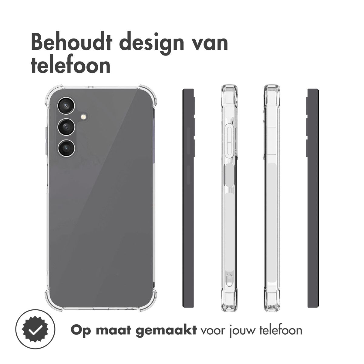 Afbeelding toont een telefoonhoesje met een telefoon erin. De hoes is transparant en de telefoon is grijs. Tekst zegt 'Behoudt design van telefoon'.