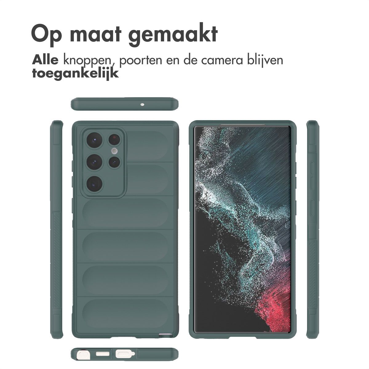 Een telefoonhoesje en een telefoon worden weergegeven. De hoes is groen en heeft een geribbeld ontwerp. Het scherm toont een kleurrijk beeld.