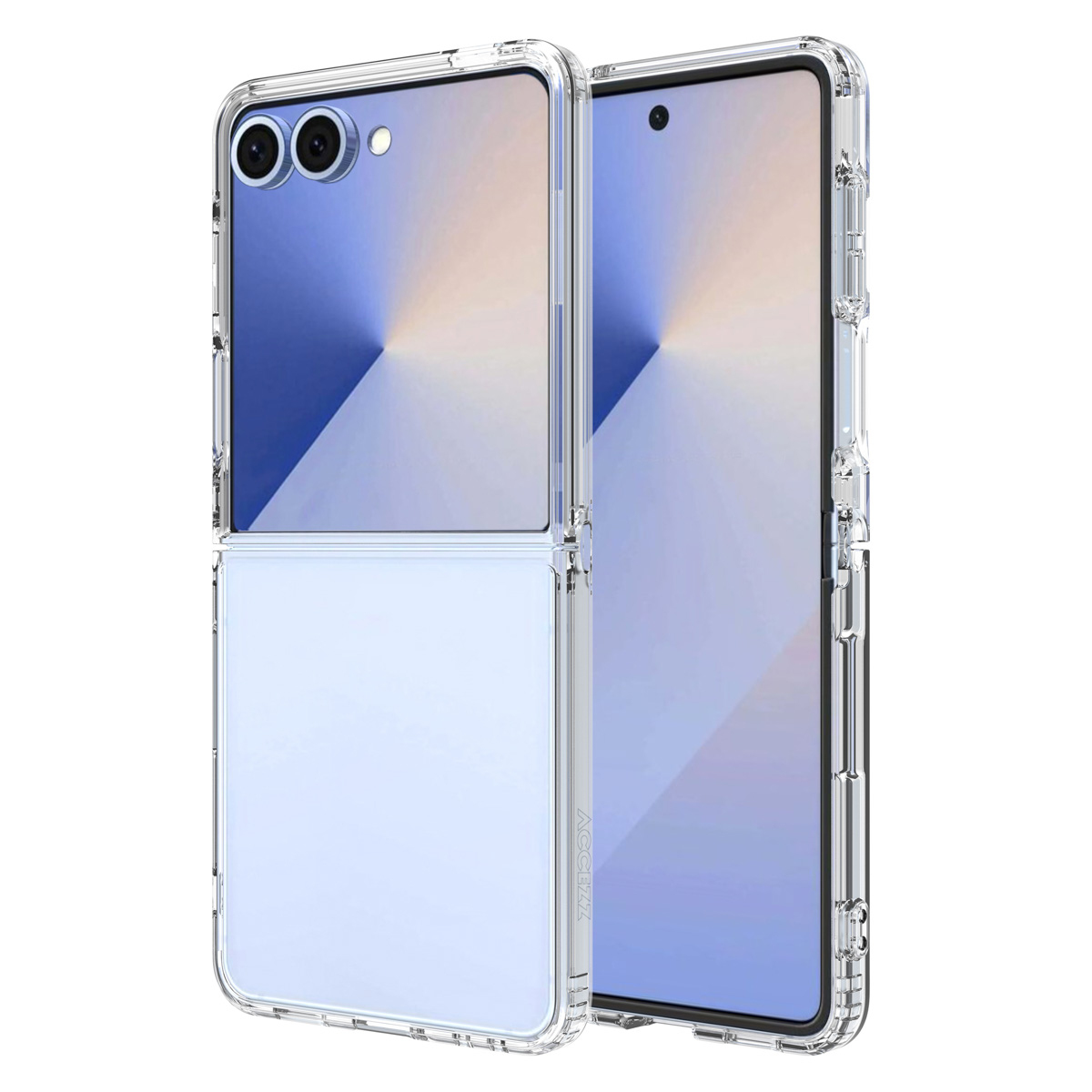 Due custodie trasparenti per telefono, una piegata e una aperta. Ognuna mostra un display sfumato blu e bianco. Le custodie hanno fori per la fotocamera.