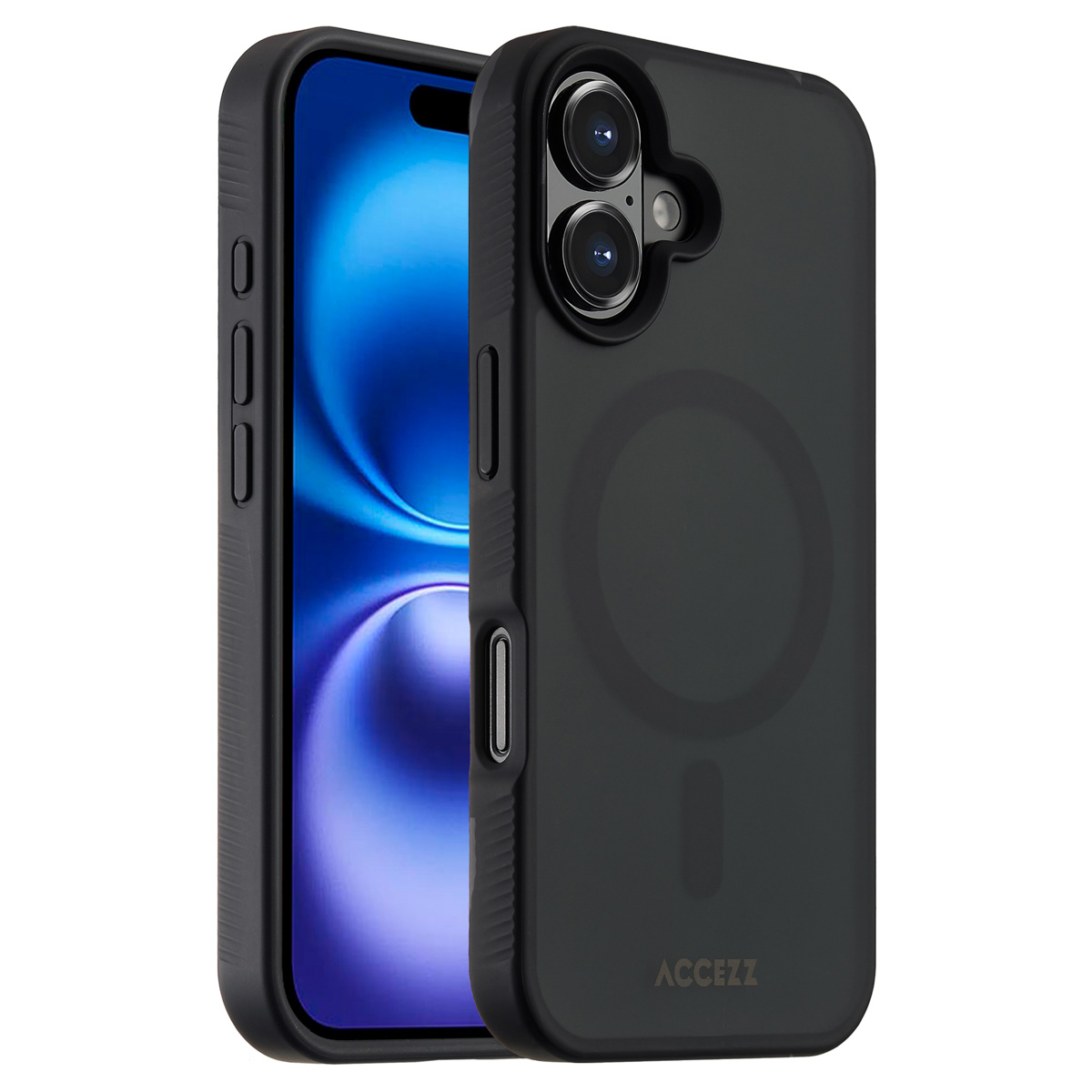 Un téléphone noir dans un étui noir, montrant l'écran et la caméra. L'étui a un anneau magnétique. La marque "ACCEZZ" est visible.