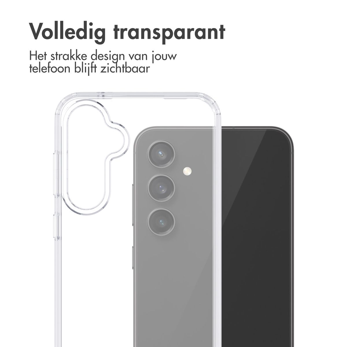 Una custodia trasparente per telefono su un telefono grigio. Il telefono ha tre obiettivi della fotocamera. Il testo in alto dice 'Completamente trasparente'.