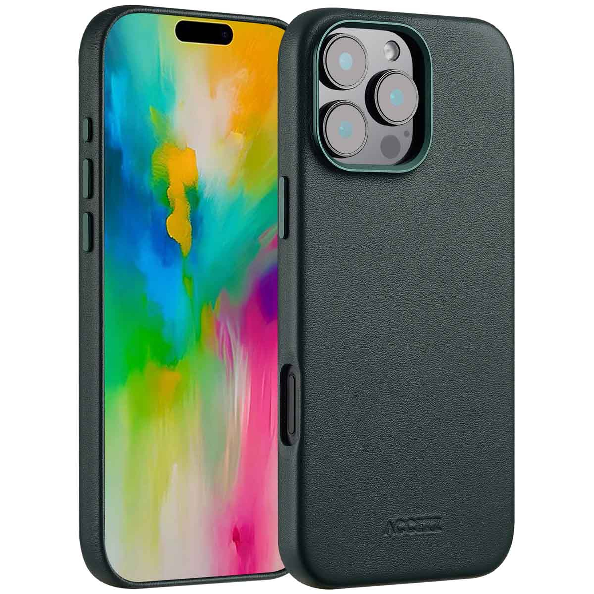 Deux smartphones, un avec un écran affichant de l'art abstrait coloré, l'autre dans un étui vert foncé avec des lentilles de caméra visibles.