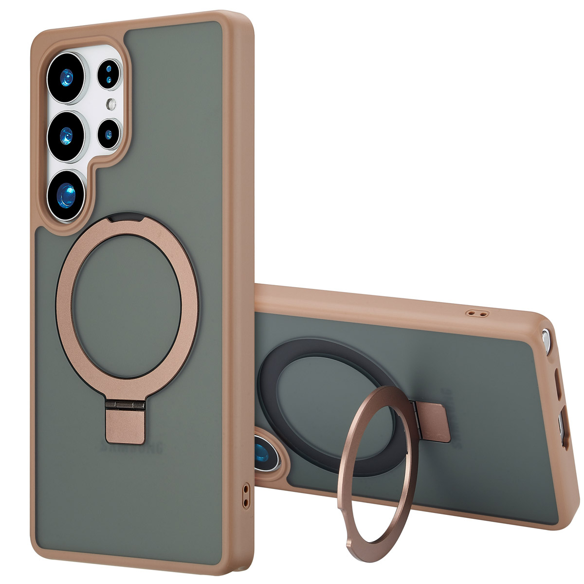 Deux coques de téléphone. L'une est debout, l'autre est inclinée. Les deux sont gris-vert avec un anneau doré. Les bords sont beiges.