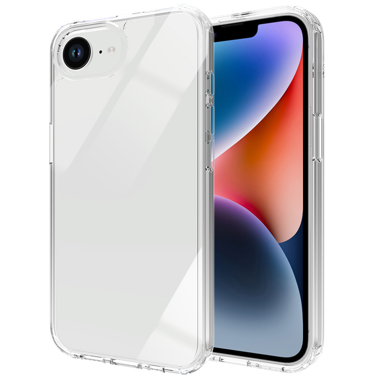 Une coque de téléphone transparente avec un téléphone à l'intérieur. Le téléphone affiche un fond d'écran coloré.