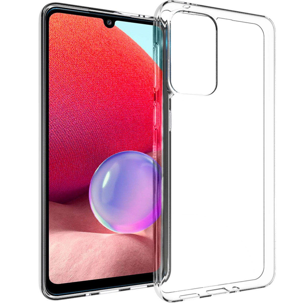 Uno smartphone in una custodia trasparente. Lo schermo mostra un motivo rosso e rosa con un globo viola. La custodia è trasparente.