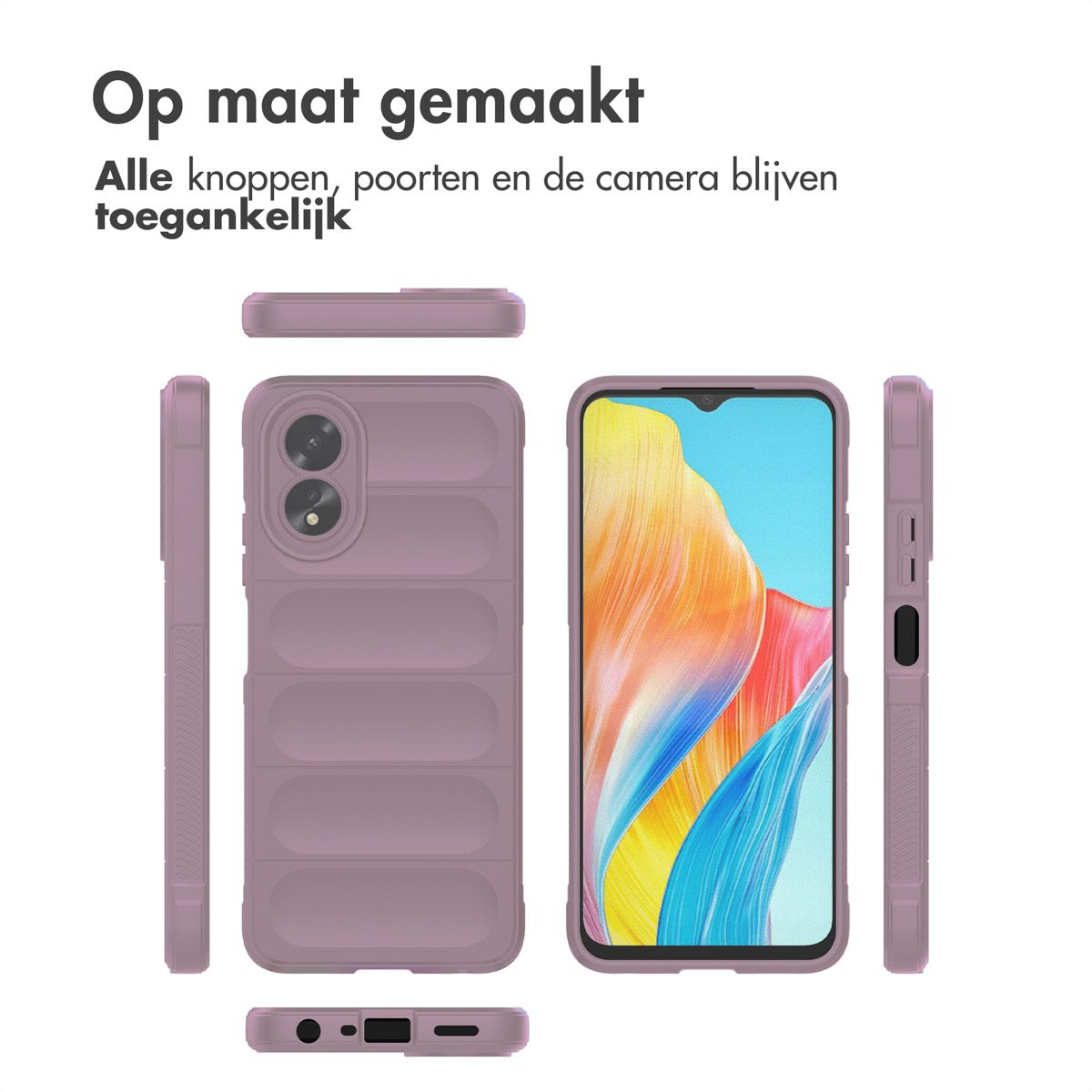Une coque de téléphone mauve, avec un téléphone à l'intérieur. La coque est montrée sous plusieurs angles. Le texte en haut dit 'Fabriqué sur mesure'.