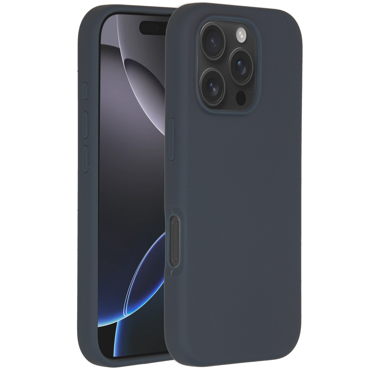 Un téléphone bleu foncé avec un étui assorti. Le téléphone est partiellement visible, montrant son écran. L'étui a des découpes pour la caméra.