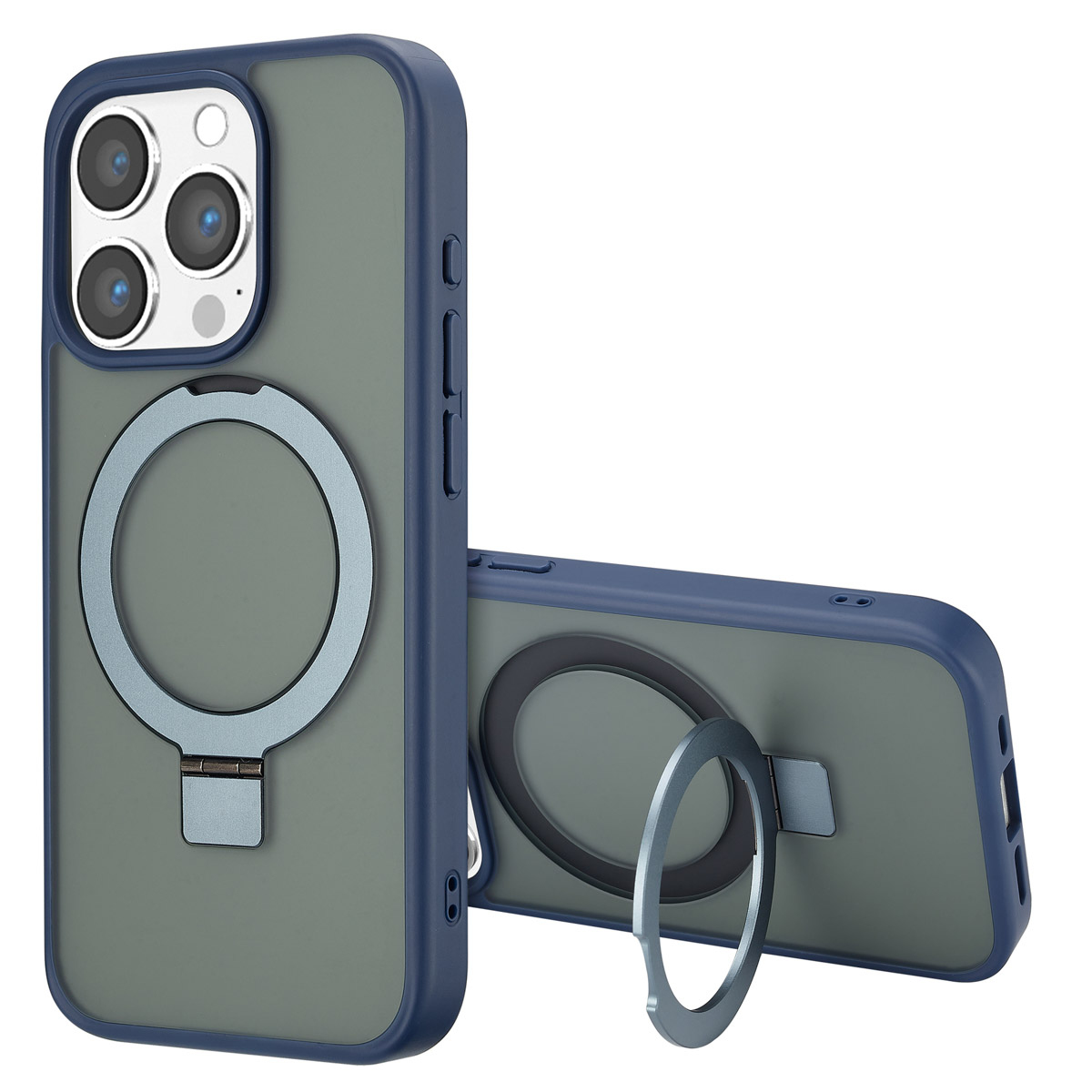 Twee telefoonhoesjes, één rechtop, de andere liggend. Beide zijn donkerblauw, met een zilveren ringstandaard en een grijze achterkant.