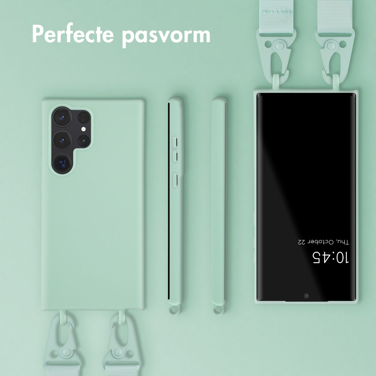 Een mintgroene telefoonhoes met bandje, telefoon en drie hoesprofielen worden getoond. Het telefoonscherm toont de tijd en datum.