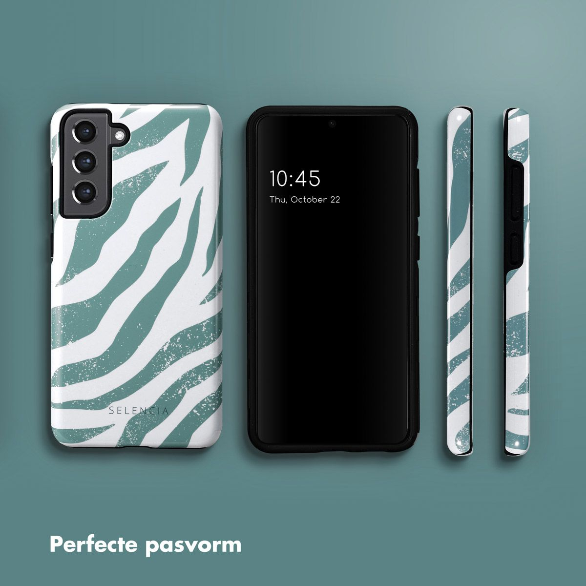 Un telefono e custodie con un design a stampa zebrata. Il telefono mostra l'ora. Le custodie sono bianche e turchesi.