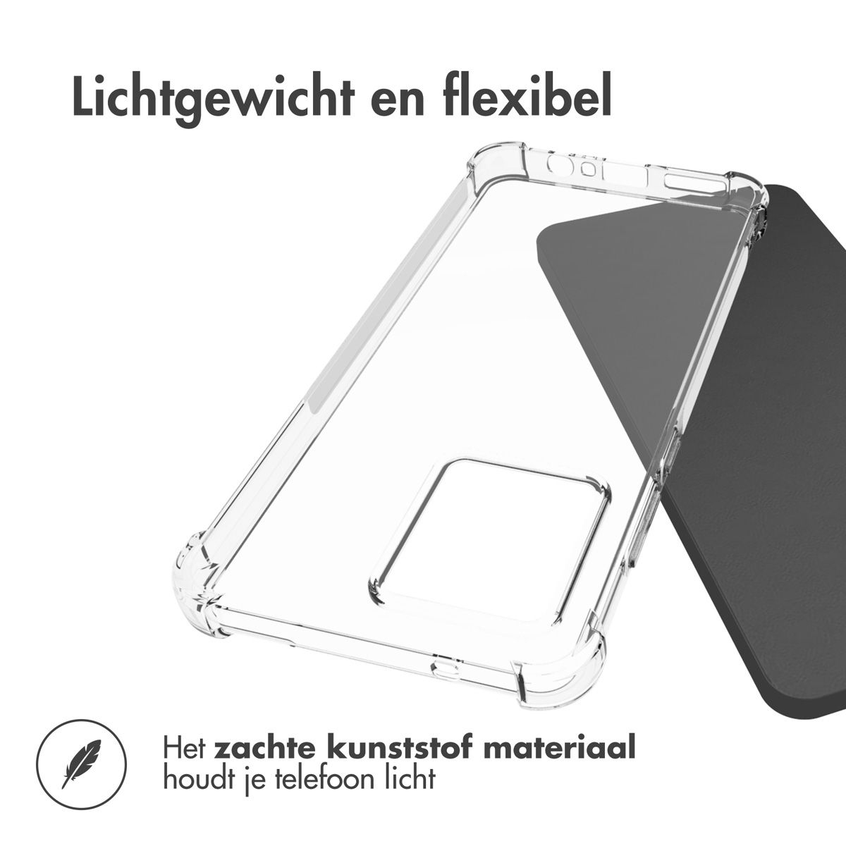 Transparante telefoonhoes op witte ondergrond. Tekst: 'Lichtgewicht en flexibel'. Een zwarte vorm erachter.