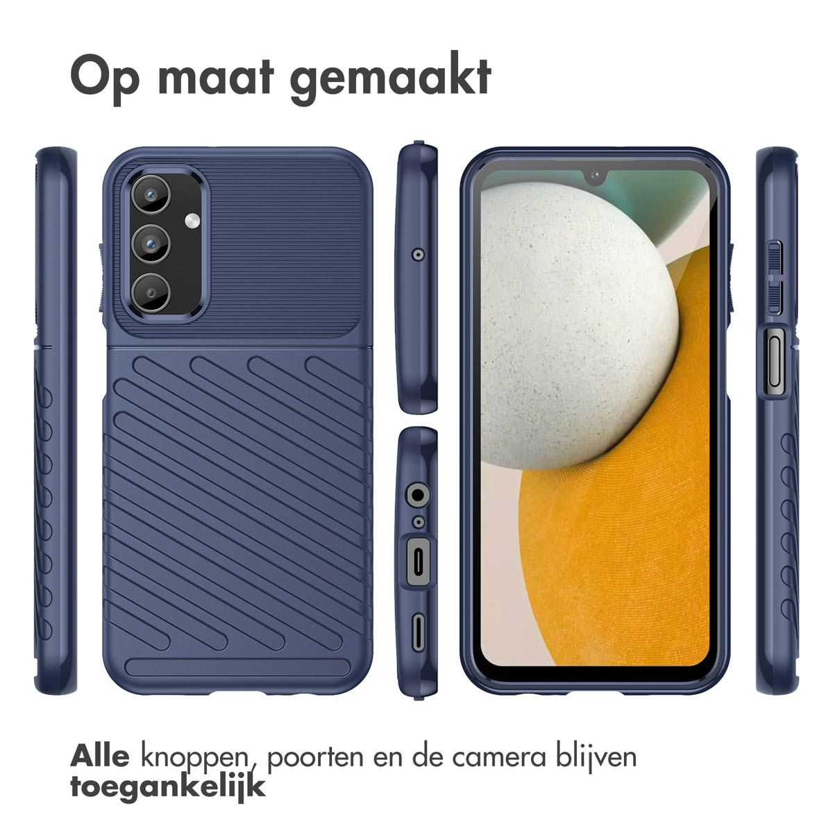 Afbeelding toont een blauwe telefoonhoes met een telefoon erin. De hoes heeft een textuur op de achterkant en wordt vanuit verschillende hoeken getoond.