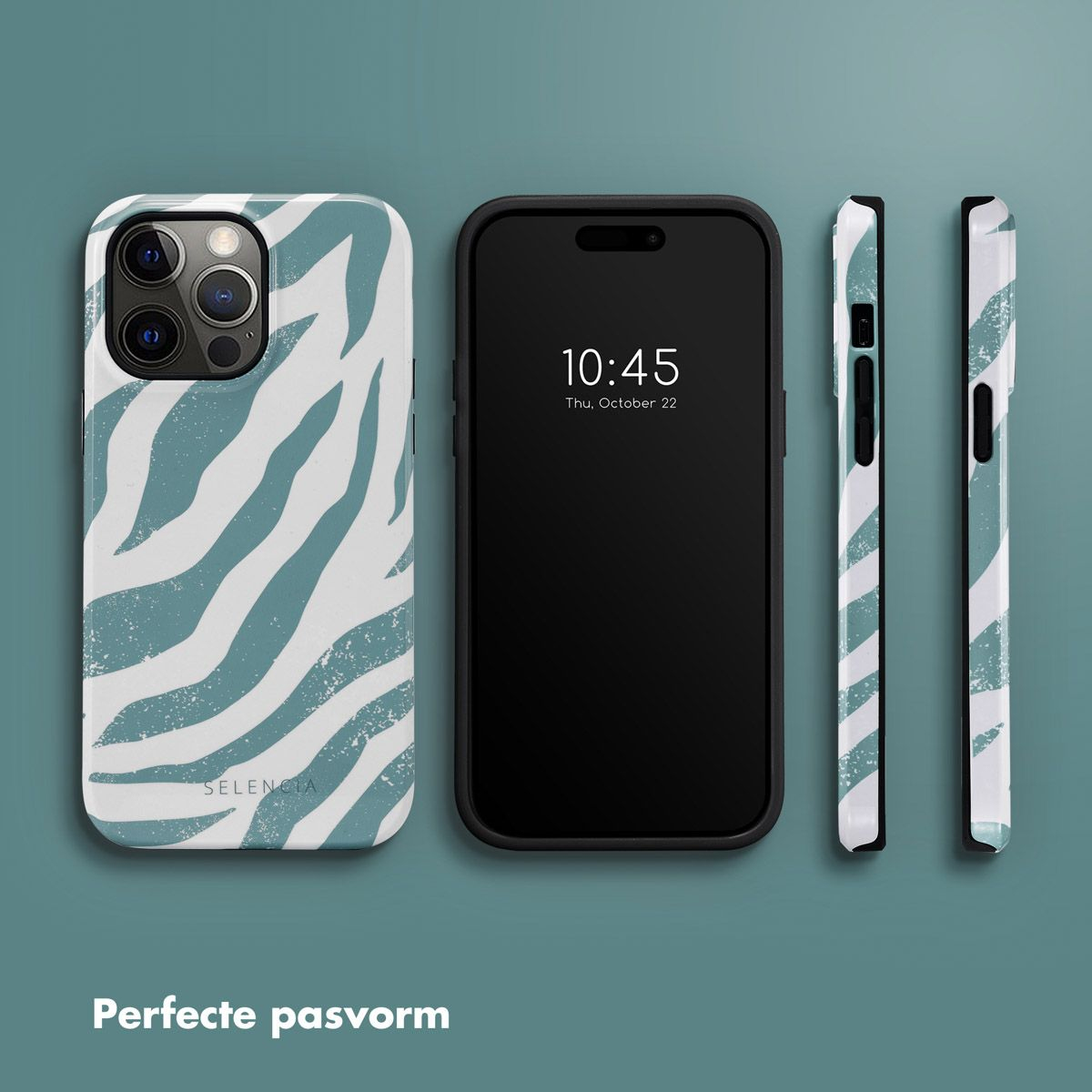 Een telefoonhoesje met zebra strepen, een telefoon met zwart scherm en twee zijaanzichten.