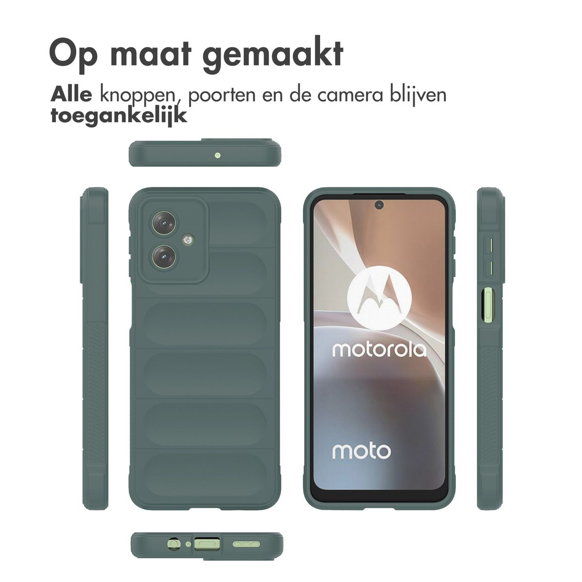 Een telefoonhoesje wordt getoond met een telefoon, in verschillende posities. De hoes is groen en heeft een textuurontwerp. De telefoon toont het Motorola-logo.