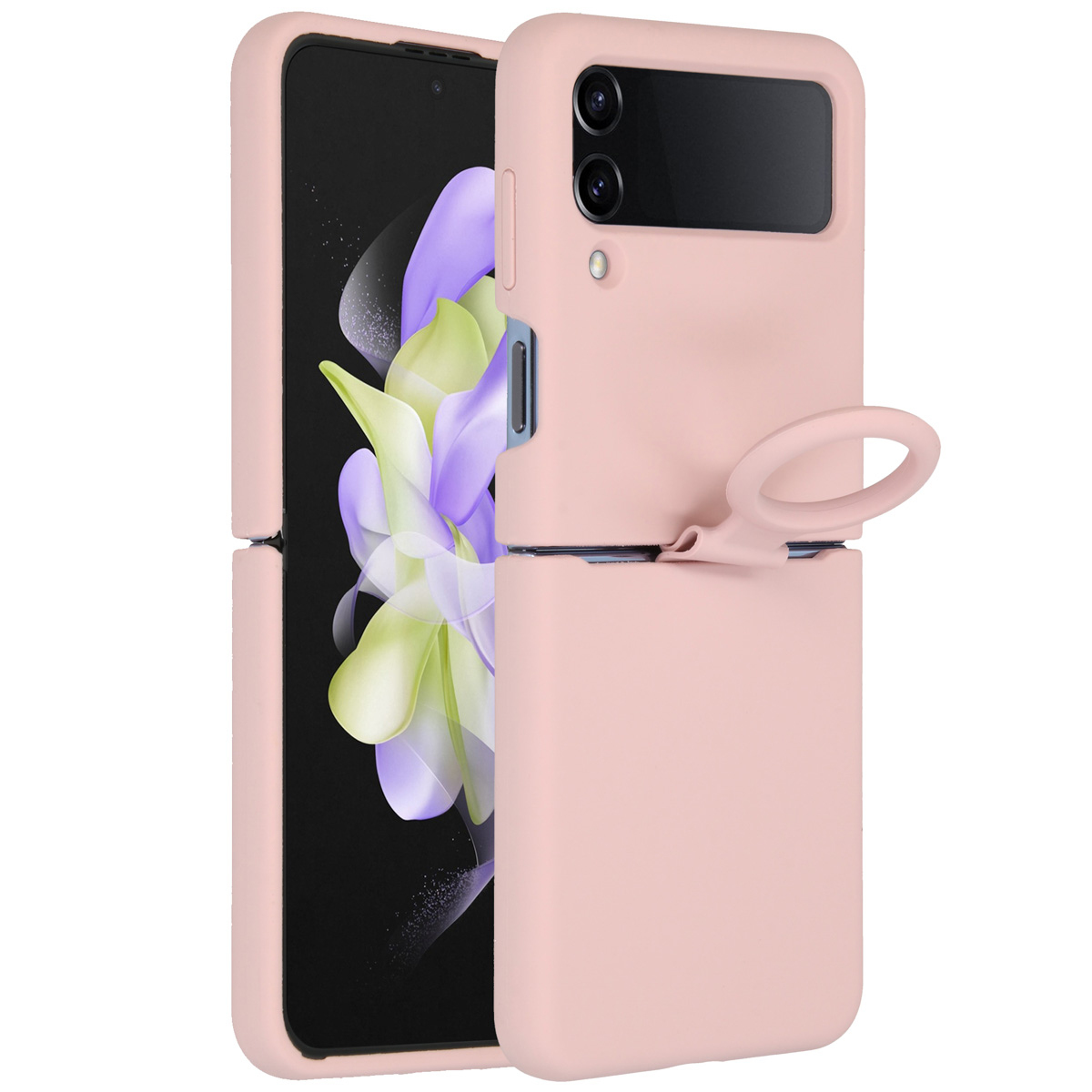 Eine rosa Handyhülle mit Ringhalter, geöffnet, um einen schwarzen Telefonbildschirm mit floraler Tapete zu zeigen. Die Hülle ist auf weißem Hintergrund.