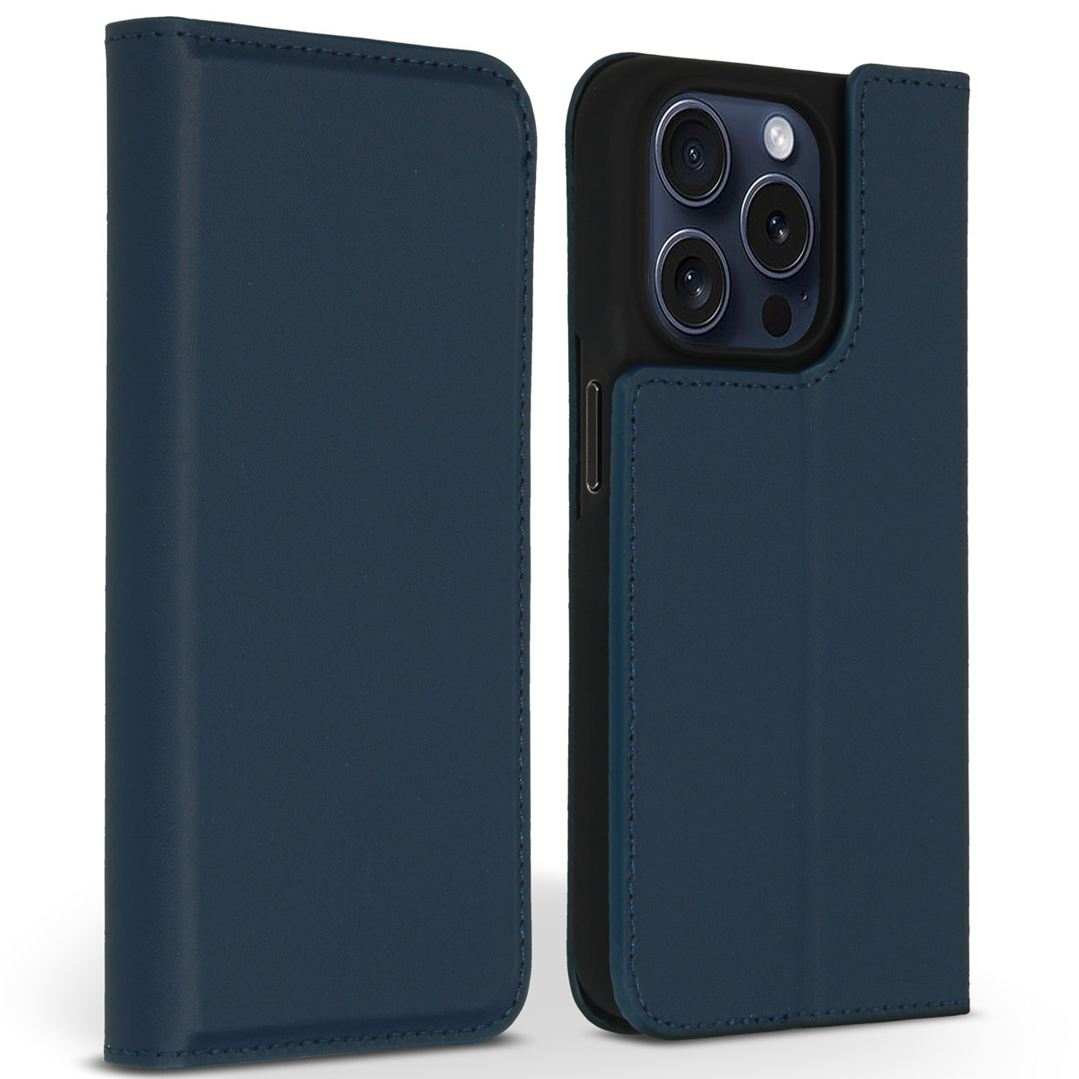 Een donkerblauwe telefoonhoes open, met de telefoon en camera's. De linkerkant is een gesloten flap, de rechterkant is de telefoon.