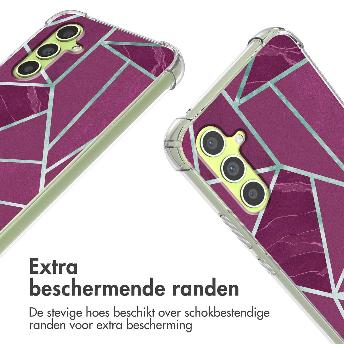 Twee telefoonhoesjes met geometrische patronen. Ze zijn paars en hebben doorzichtige beschermranden. Tekst zegt extra beschermende randen.