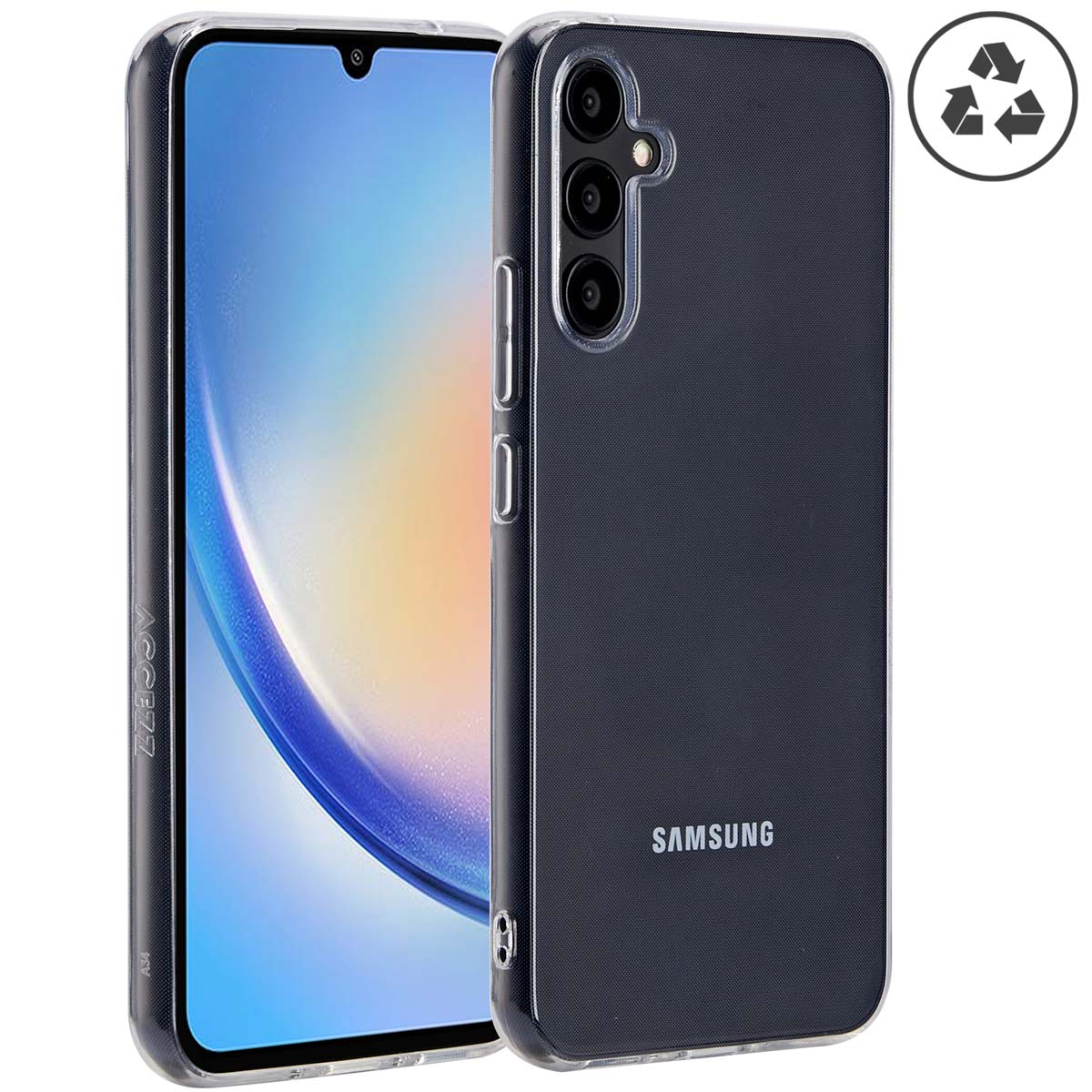 Un téléphone Samsung dans un étui transparent. Le téléphone et l'étui sont côte à côte. L'étui est de couleur gris foncé.