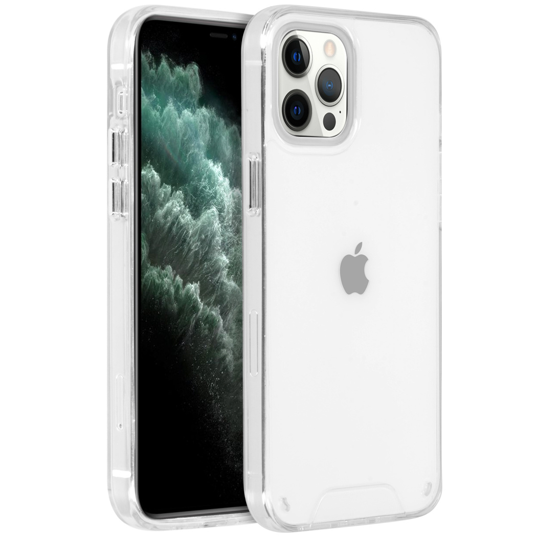 Coque transparente pour iPhone avec un téléphone à l'intérieur. L'écran du téléphone est sombre, le logo Apple est visible.