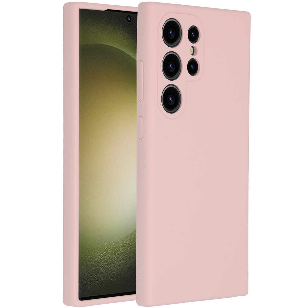 Een roze telefoonhoesje met een telefoon erin. De hoes heeft meerdere uitsparingen voor de camera. Het scherm van de telefoon is zichtbaar.