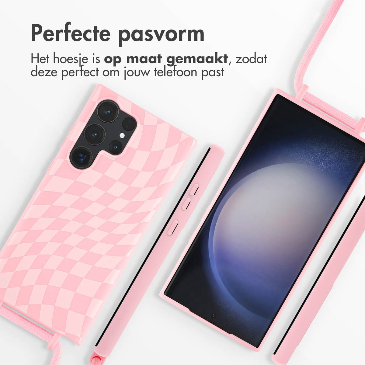 Coque de téléphone rose à motif à carreaux et téléphone à écran noir. Lanière rose et le texte 'Ajustement parfait'.