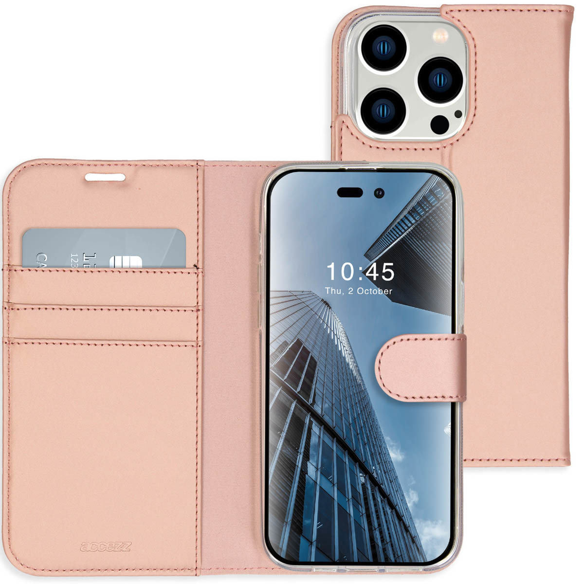 Étui de téléphone rose avec téléphone à l'intérieur. L'écran affiche un bâtiment, 10:45. Une carte de crédit est dedans.