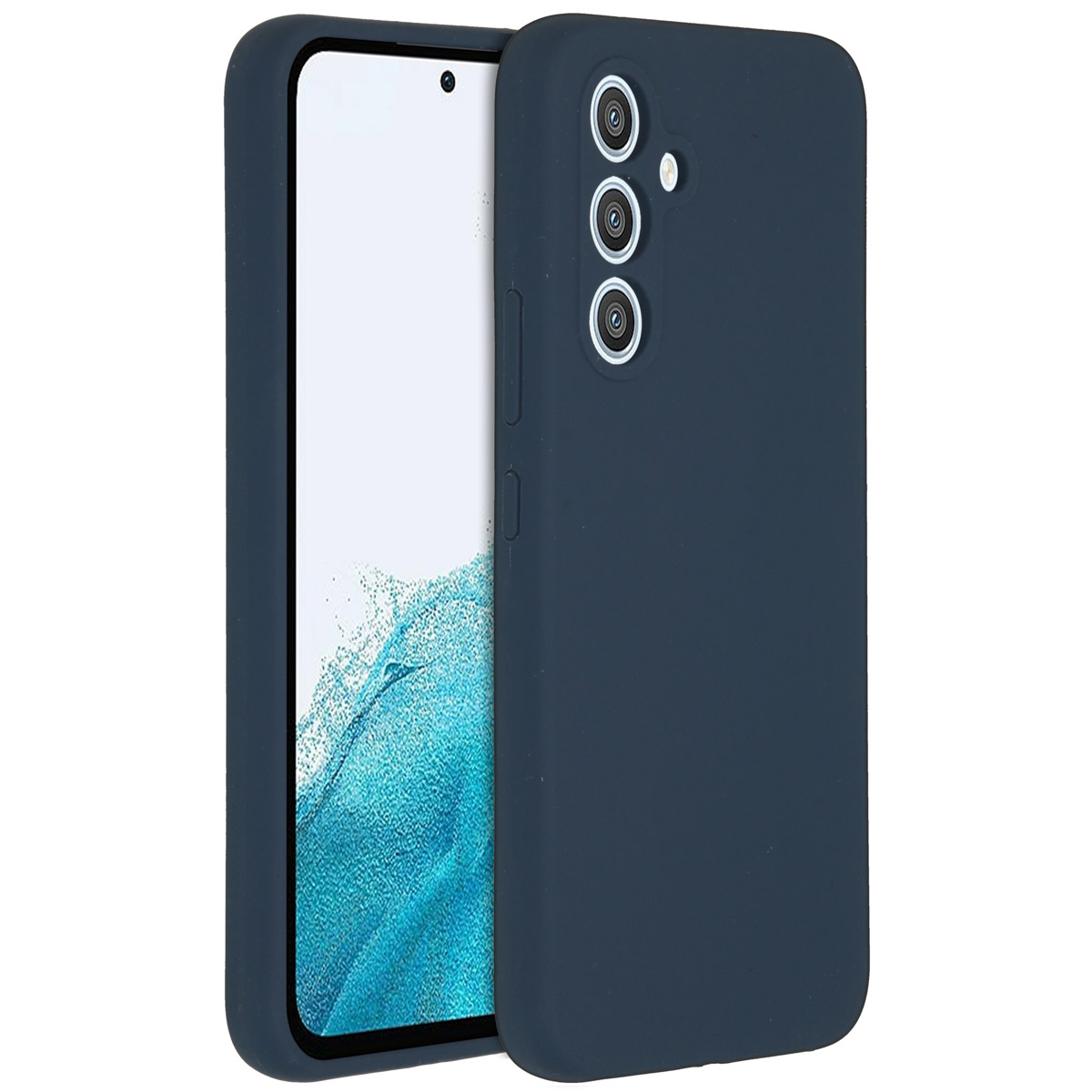 Een donkerblauwe telefoonhoes naast een smartphone met een wit scherm. De hoes heeft camera-uitsparingen en knoppen.