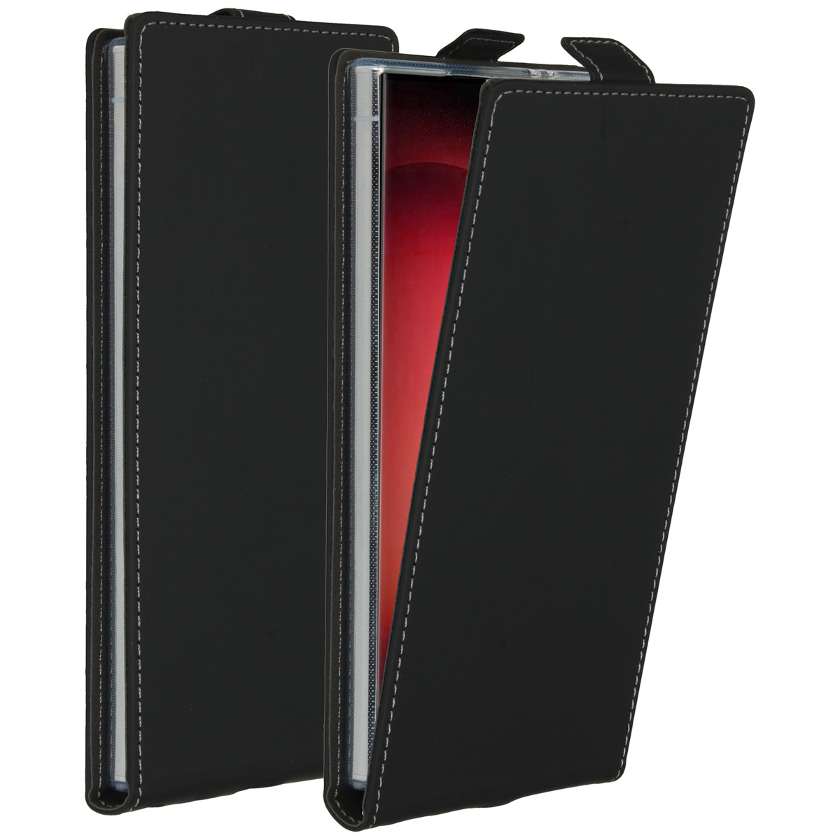 Twee zwarte telefoonhoesjes met witte stiksels worden getoond. Eén is open en onthult een rode binnenkant.