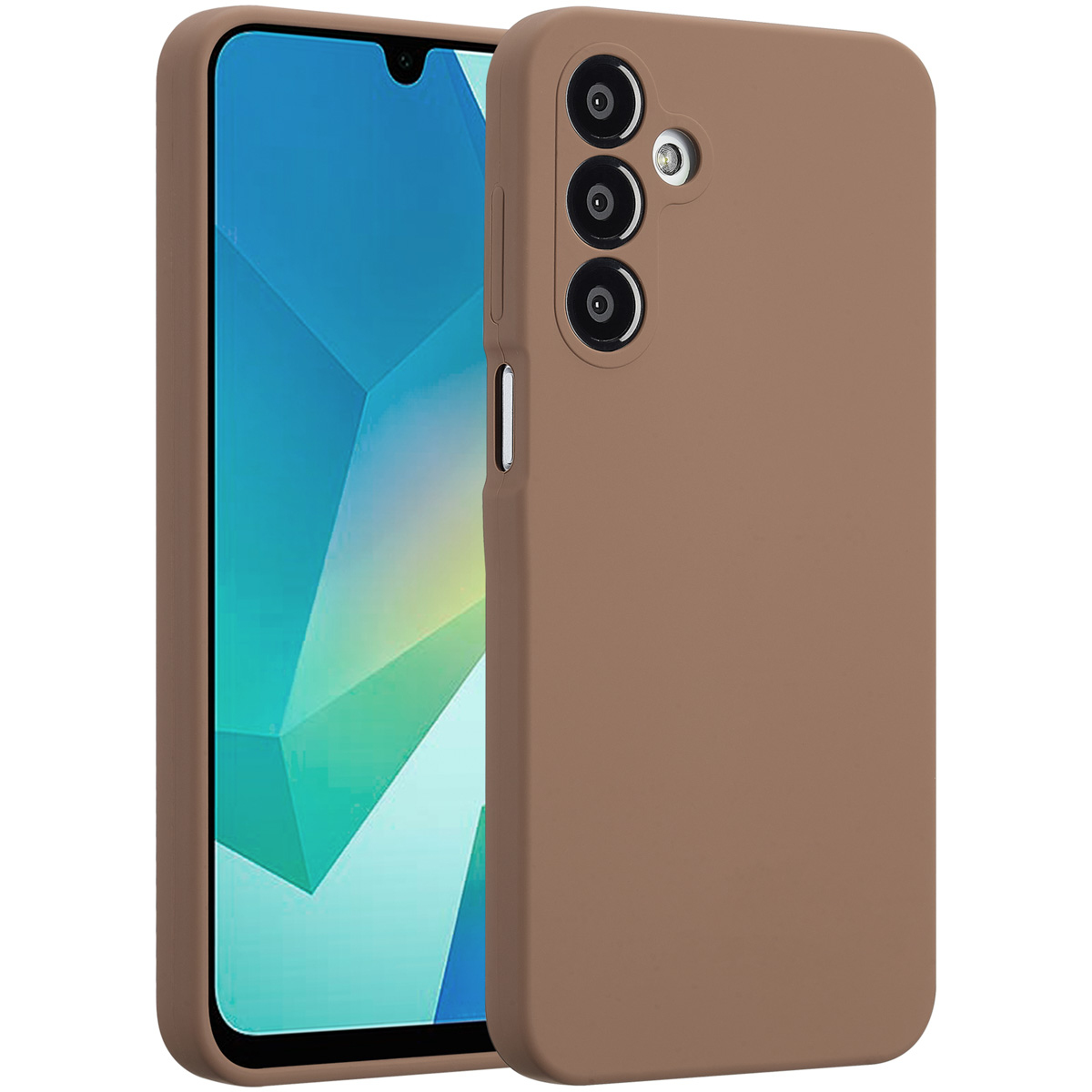 Eine braune Handyhülle mit einem Telefon darin. Der Telefonbildschirm zeigt ein buntes abstraktes Design. Drei Kameralinsen sind sichtbar.