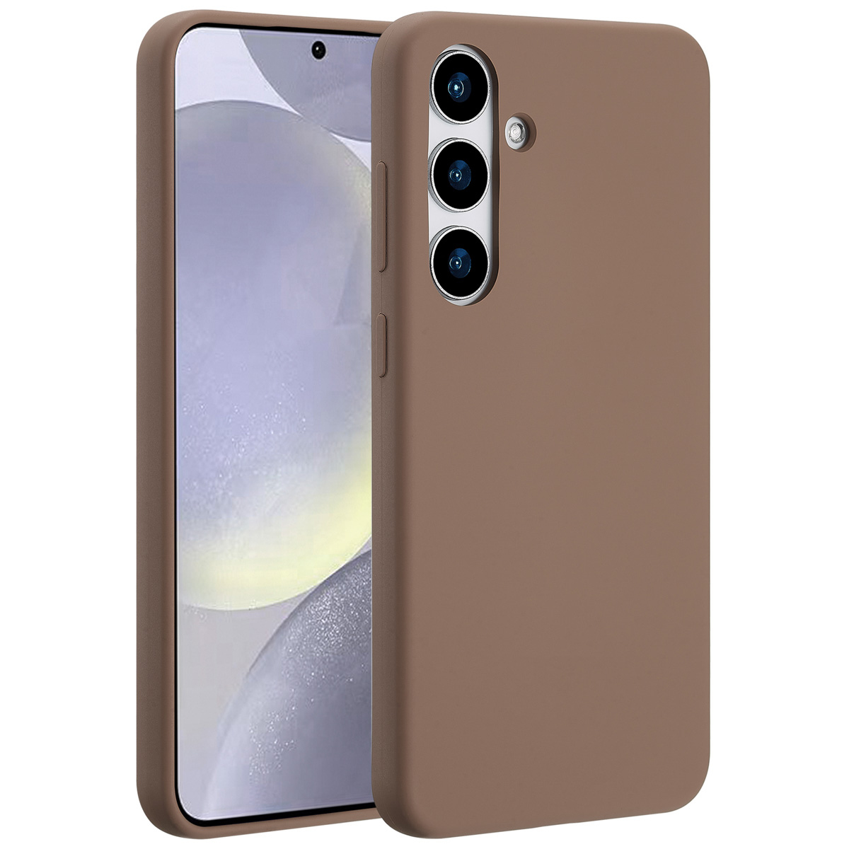 Une coque de téléphone marron et un téléphone sont affichés. Le téléphone a un écran clair et un ensemble de caméras à l'arrière.