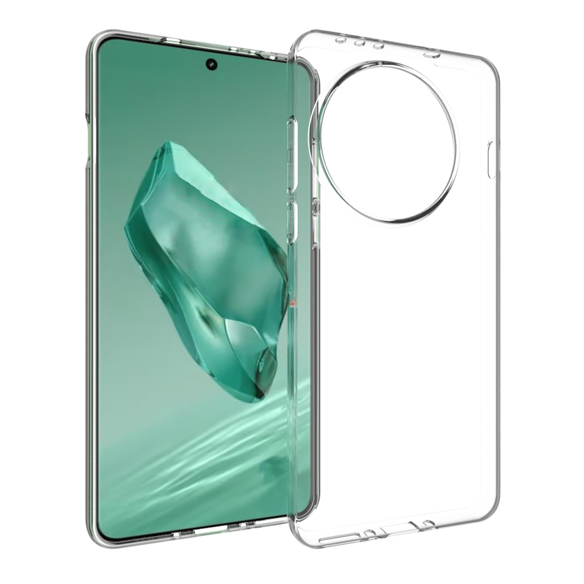 Un telefono in una custodia trasparente. Lo schermo mostra un'immagine astratta verde. La custodia è in plastica trasparente.