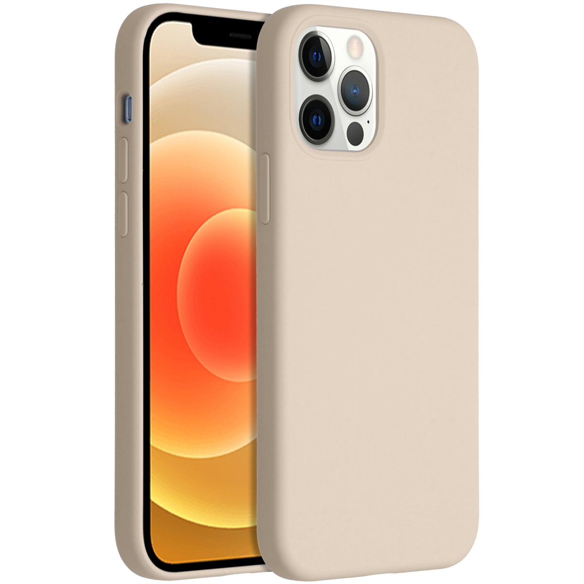 Une coque et un téléphone beige pour iPhone 12 Pro. L'écran du téléphone affiche un fond orange et blanc. La coque a une découpe pour l'appareil photo.