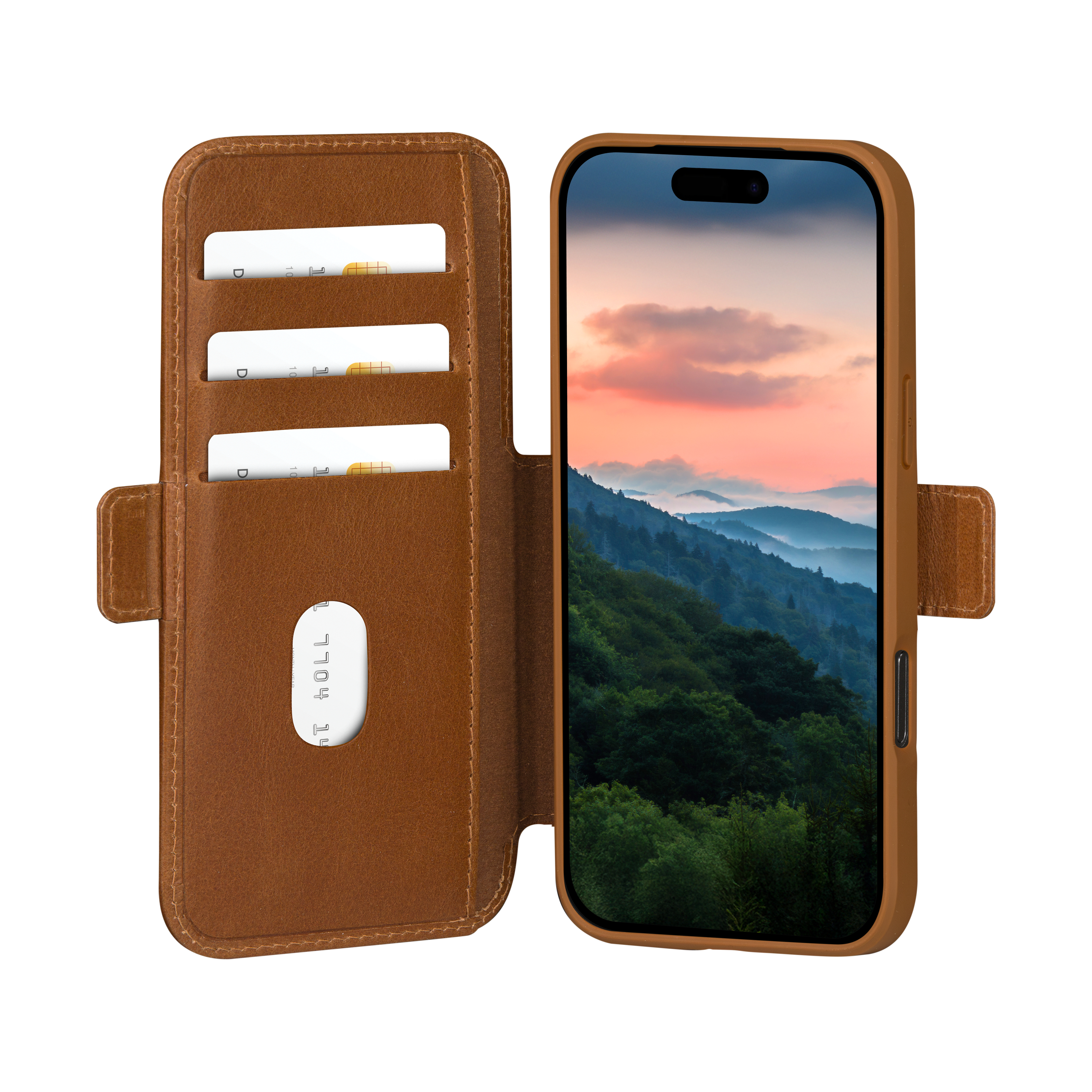 Un telefono in una custodia di pelle marrone. Lo schermo mostra un paesaggio montano con un tramonto.