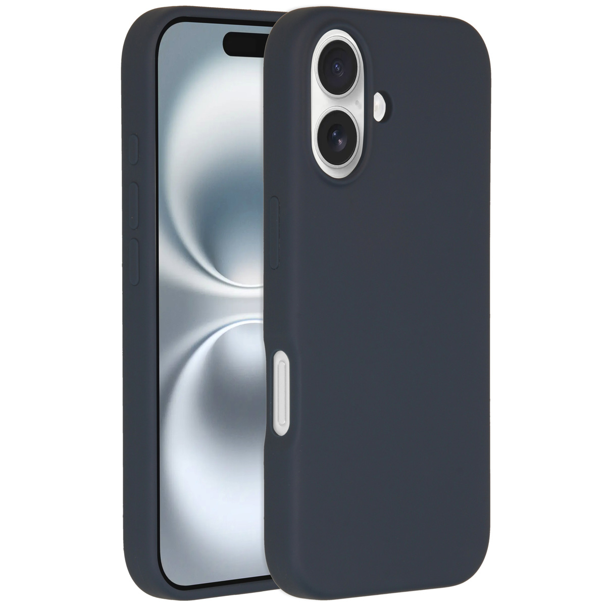 Une coque de téléphone bleu foncé à côté d'un téléphone. Le téléphone a un écran argenté et la coque des découpes pour l'appareil photo.