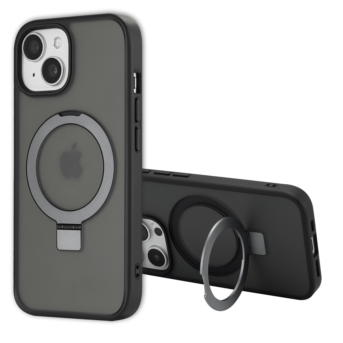 Deux coques noires pour iPhone avec support annulaire. L'une est debout, l'autre couchée, toutes deux sur fond blanc.