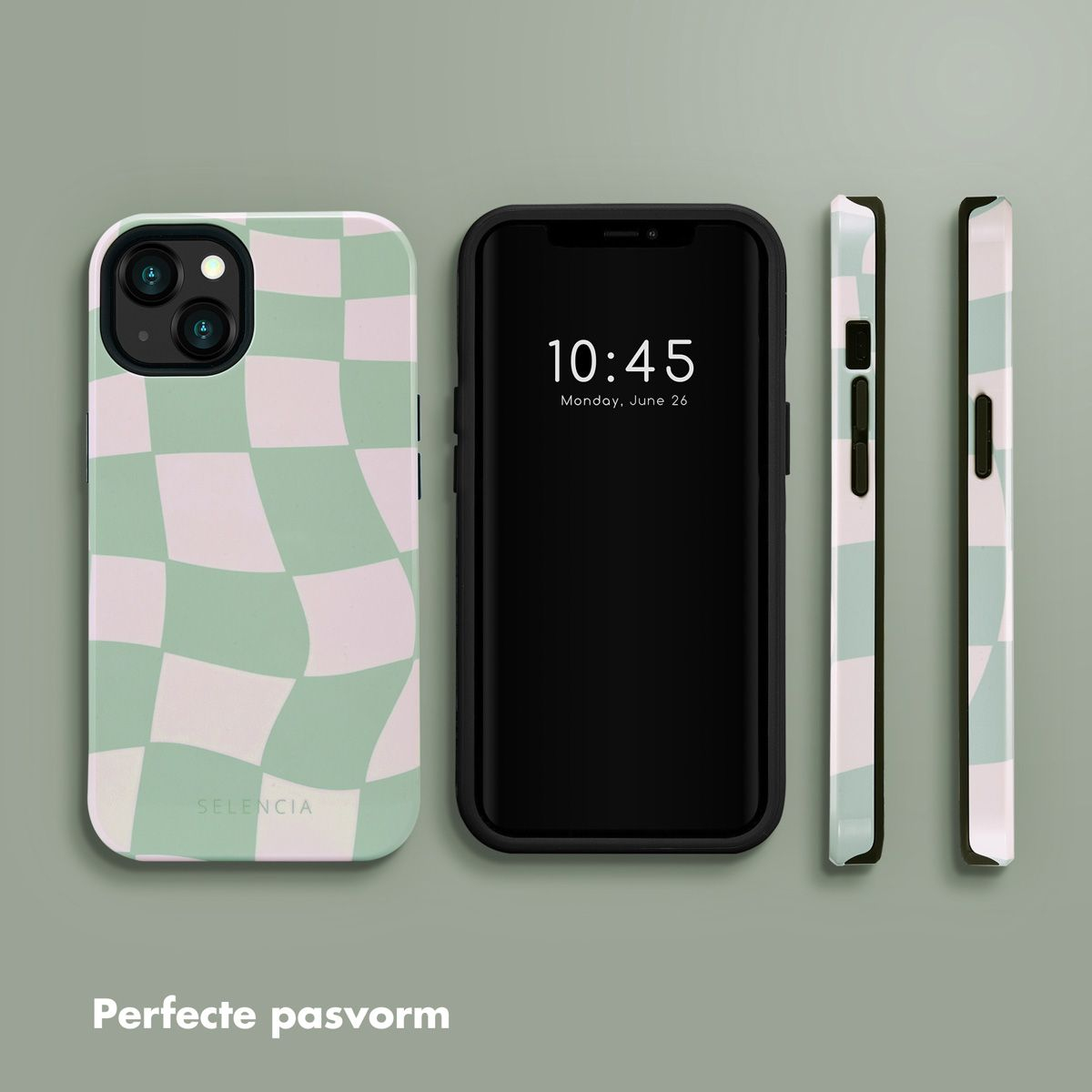 Un téléphone affichant 10h45, lundi 26 juin. Coque avec motif à carreaux ondulés verts et blancs et deux côtés de téléphone.