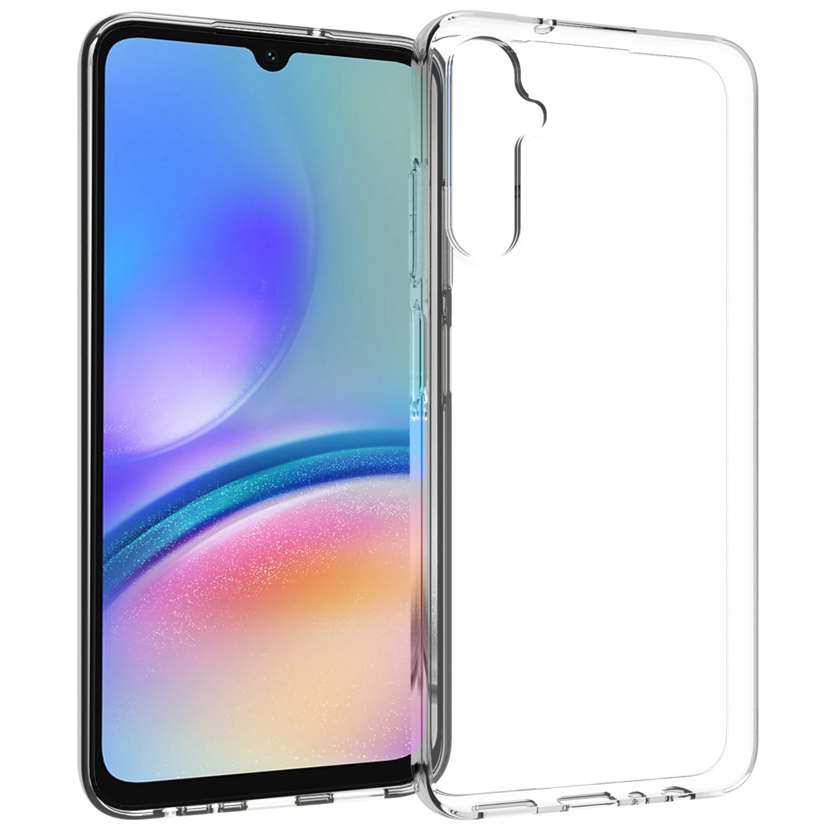 Uno smartphone con custodia protettiva trasparente. Lo schermo mostra un'immagine astratta colorata con sfumature blu e rosa.