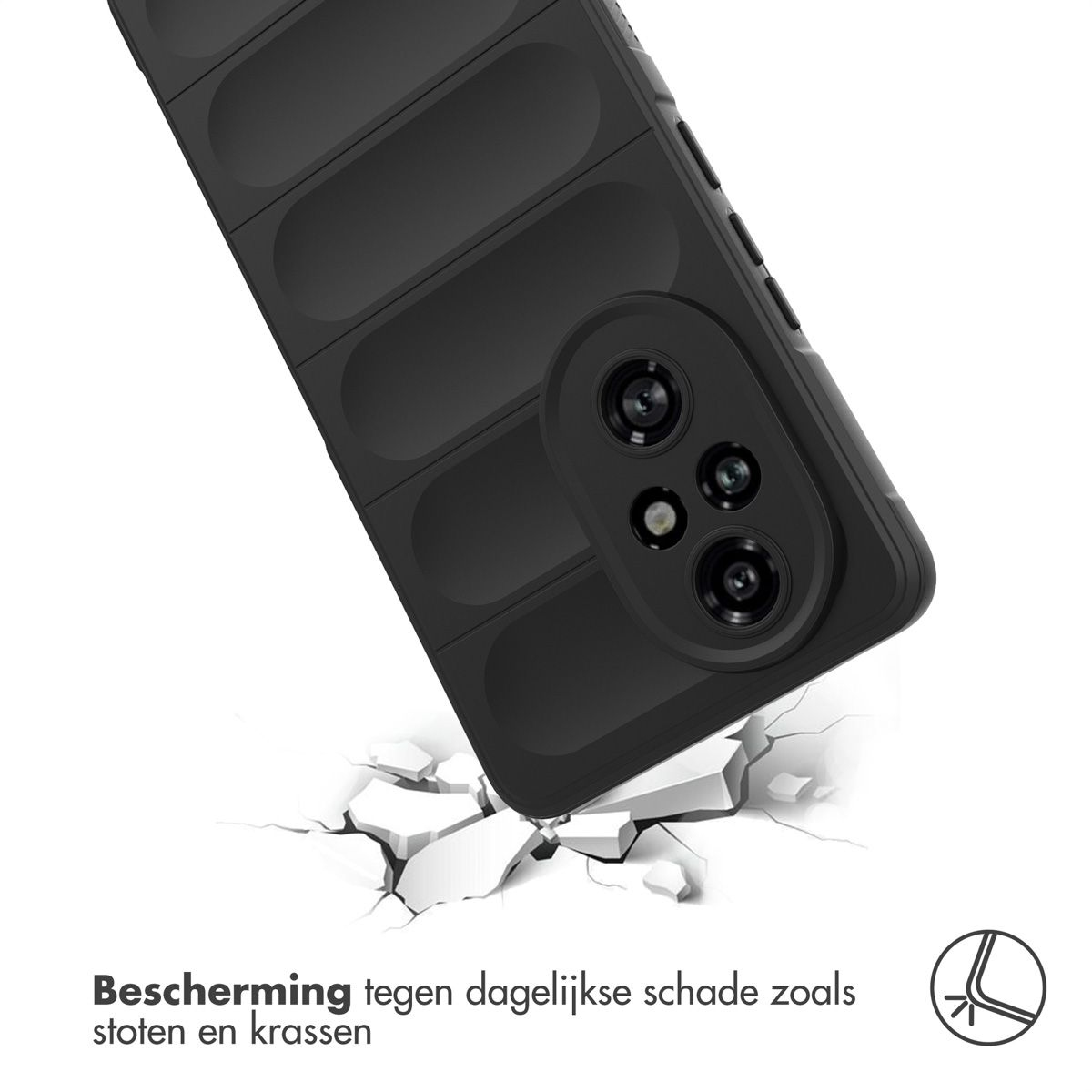 Une coque noire protège un téléphone. La coque est sur une surface de morceaux blancs cassés. Texte : protection contre les dommages.