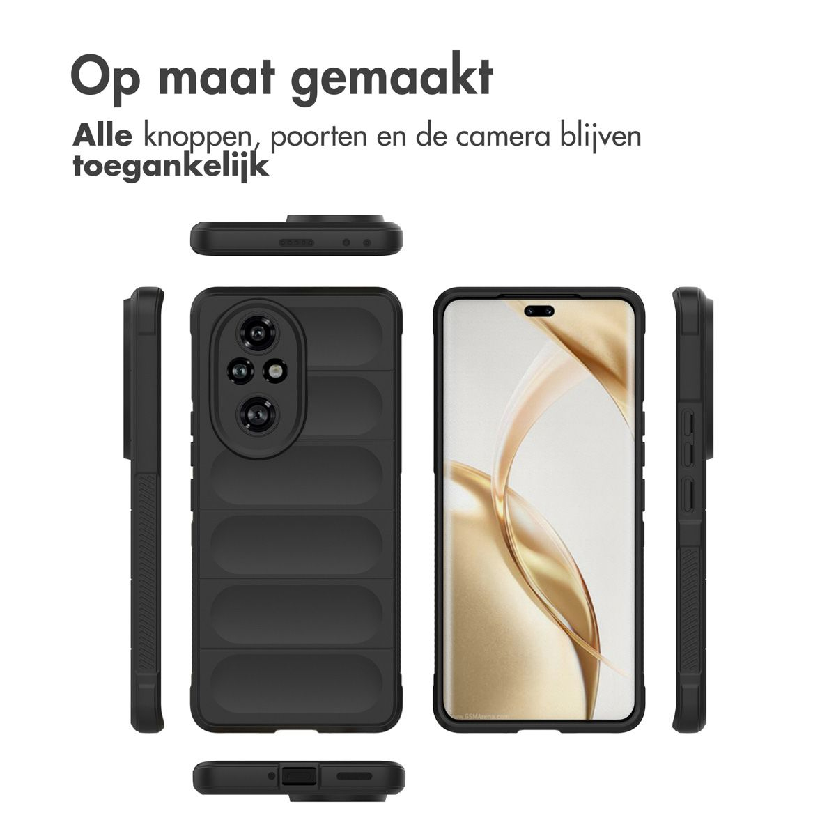 Coque de téléphone noire avec un téléphone à l'intérieur. Le texte au-dessus dit 'Op Maat Gemaakt'. La coque a des boutons et un accès à la caméra.
