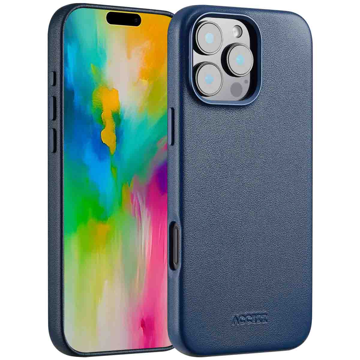 Un étui de téléphone bleu à côté d'un smartphone avec un fond abstrait coloré. L'étui a une surface texturée et des découpes pour l'appareil photo.