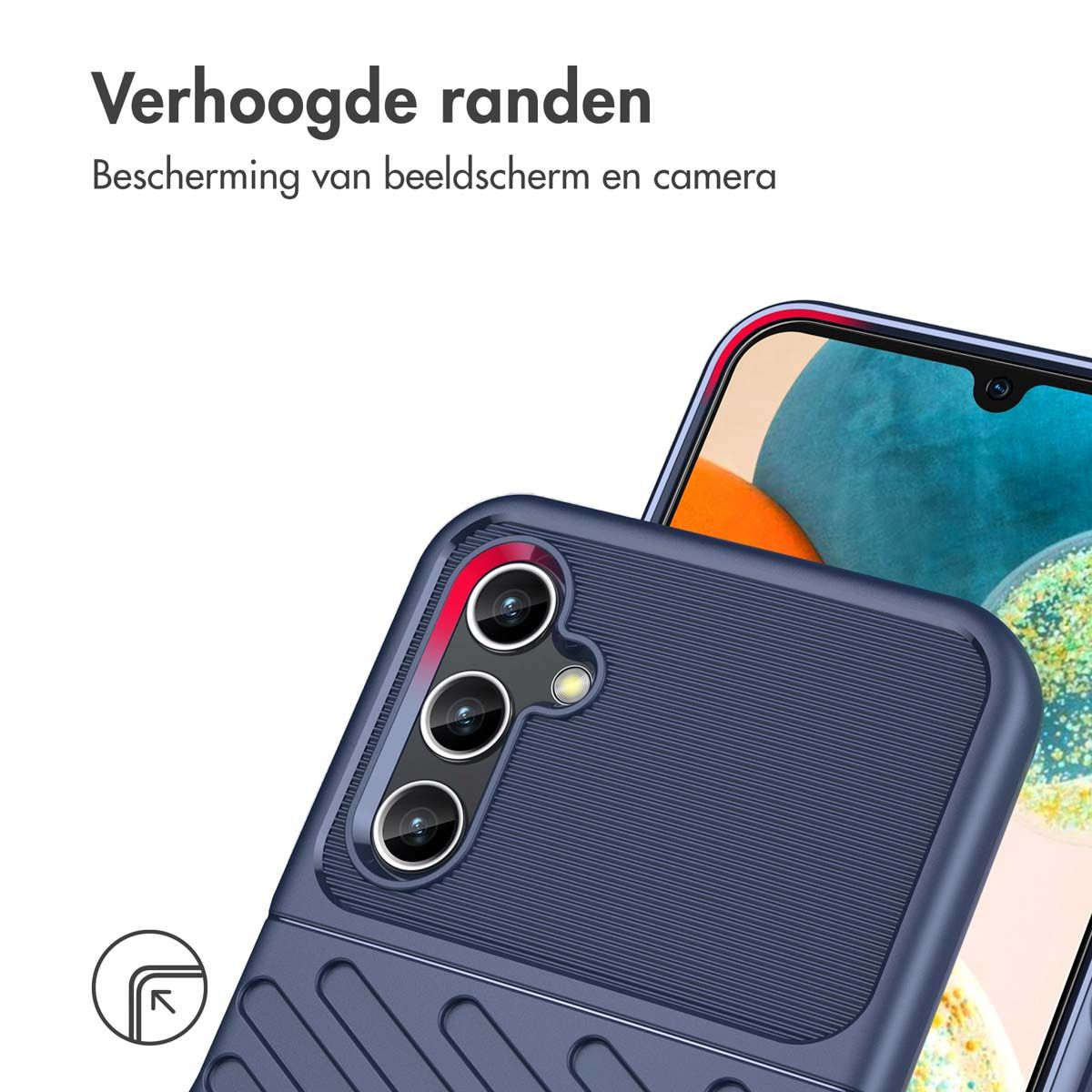 Een donkerblauwe telefoonhoes beschermt een telefoon. Boven staat 'Verhoogde randen'. De telefoon toont een blauw-oranje achtergrond.