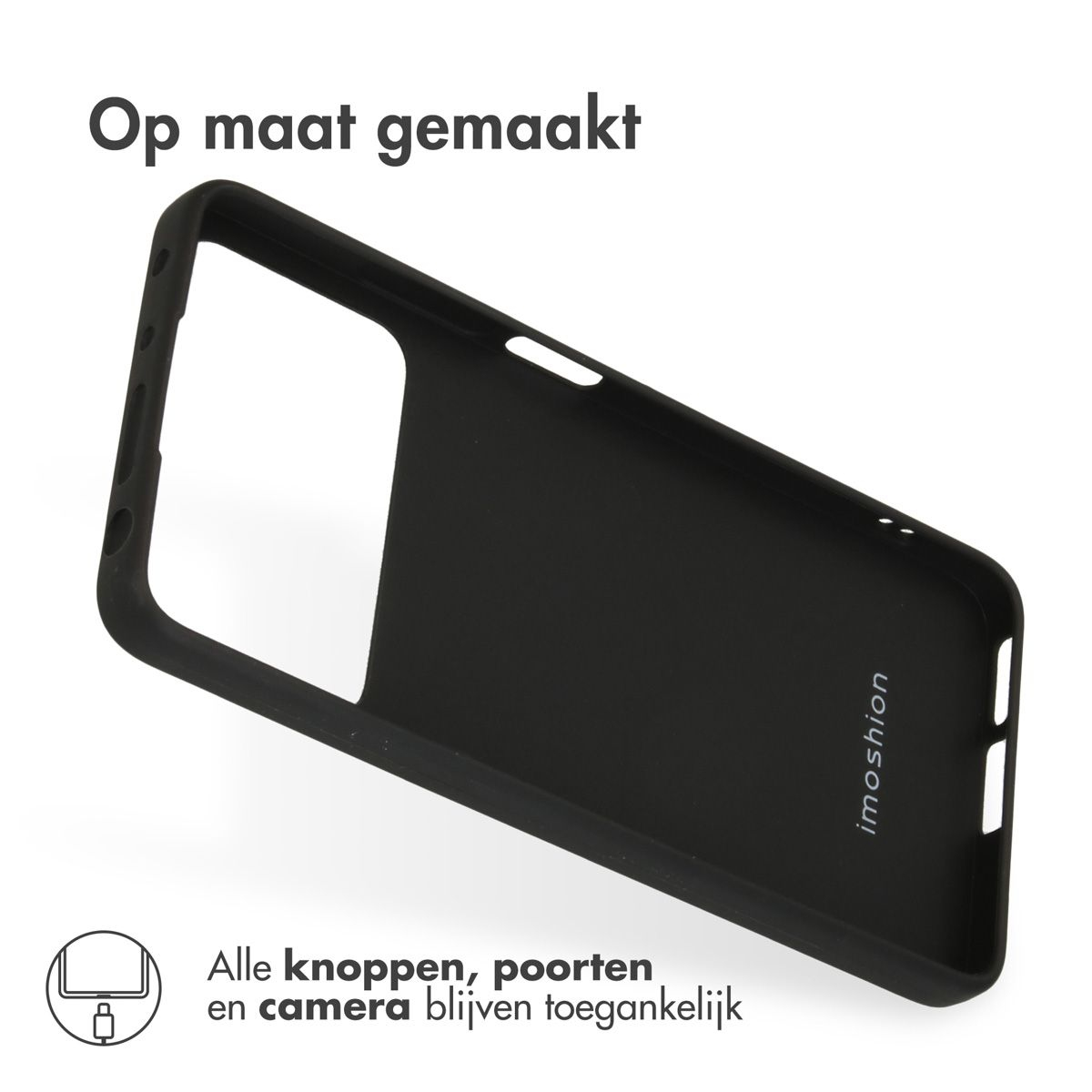 Een zwarte telefoonhoes met de tekst 'Op maat gemaakt' en 'Alle knoppen, poorten en camera blijven toegankelijk' op een witte achtergrond.