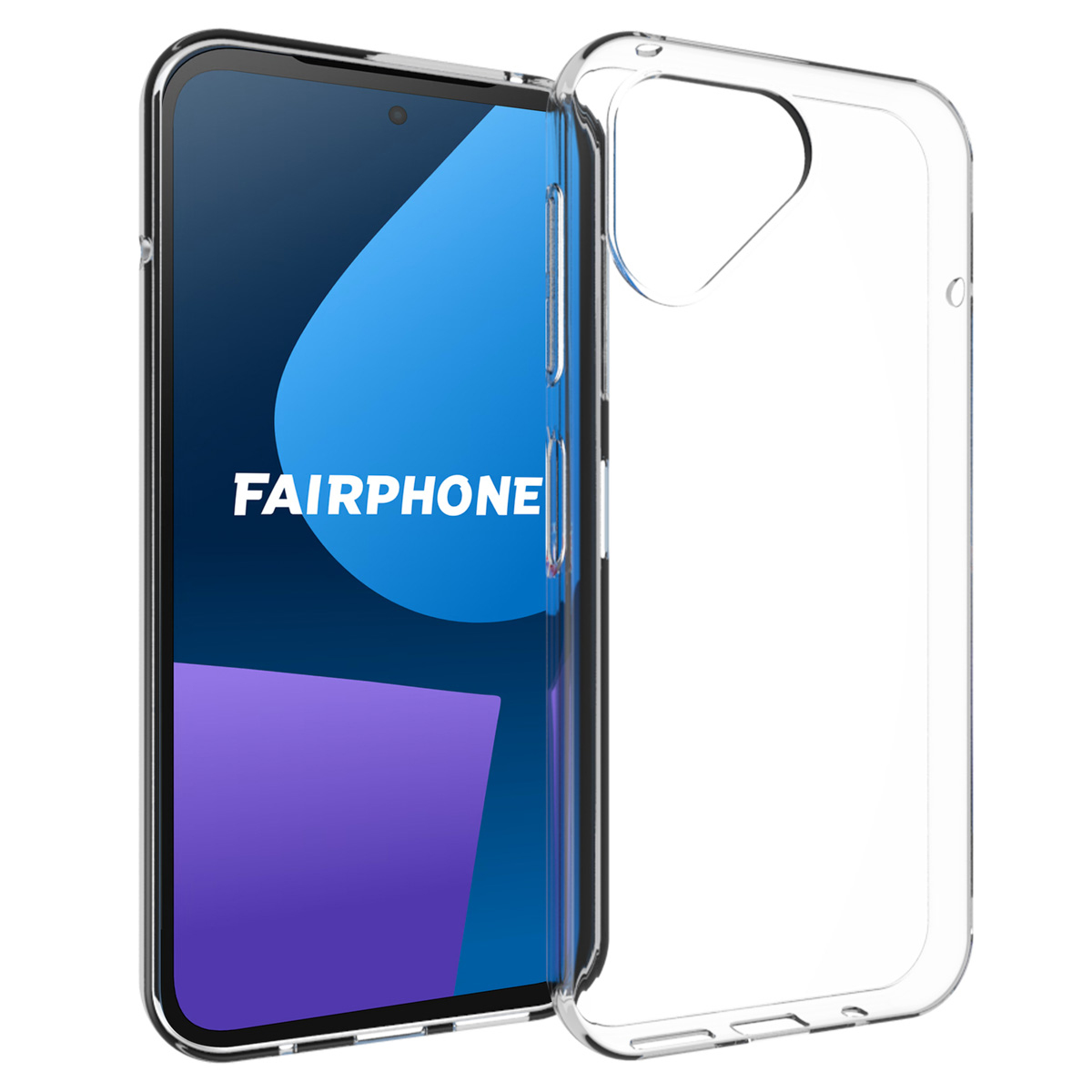 Een Fairphone telefoon met een transparante beschermhoes. Het telefoonscherm toont het Fairphone logo. De hoes is transparant.