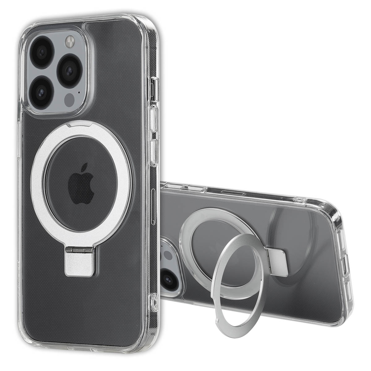 Deux coques de téléphone transparentes avec un support de bague argenté. L'une est debout, avec le logo Apple. L'autre est couchée.