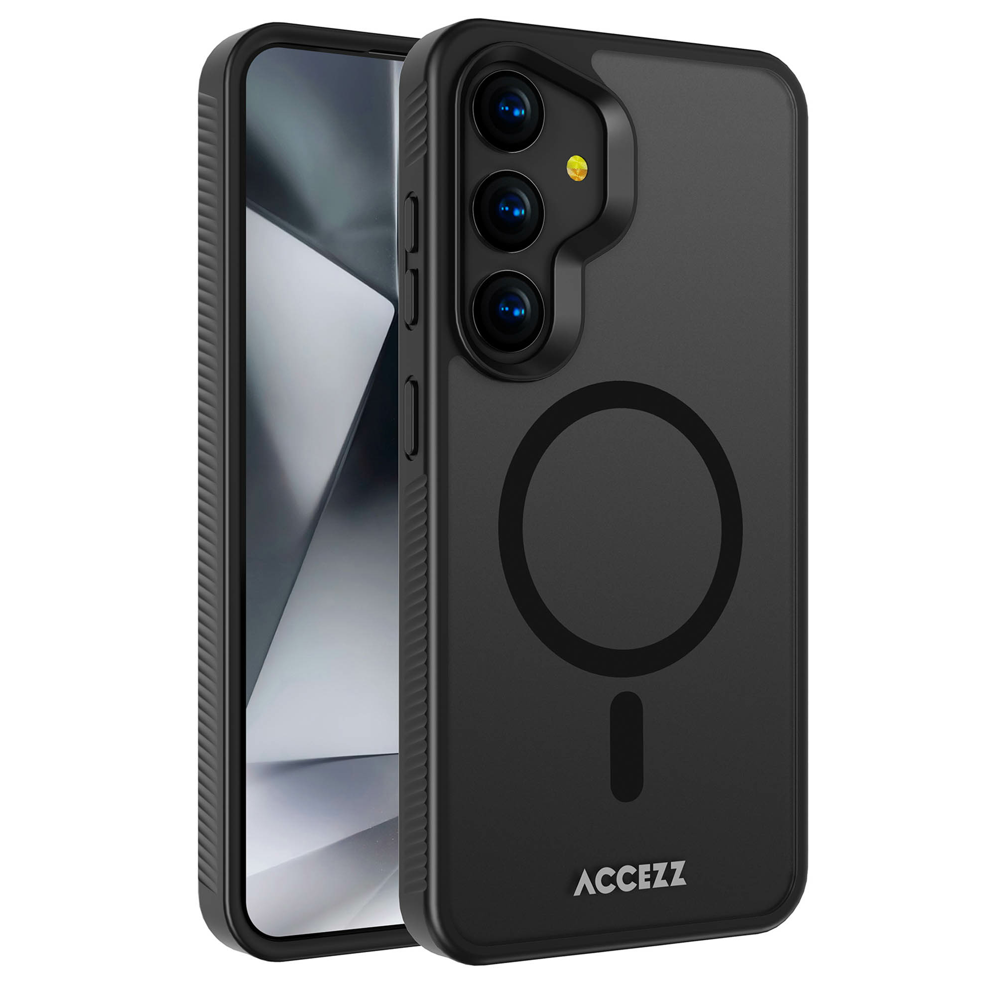 Zwarte telefoonhoes met camera-uitsparingen en een cirkelvormig ontwerp. De merknaam ACCEZZ staat onderaan.