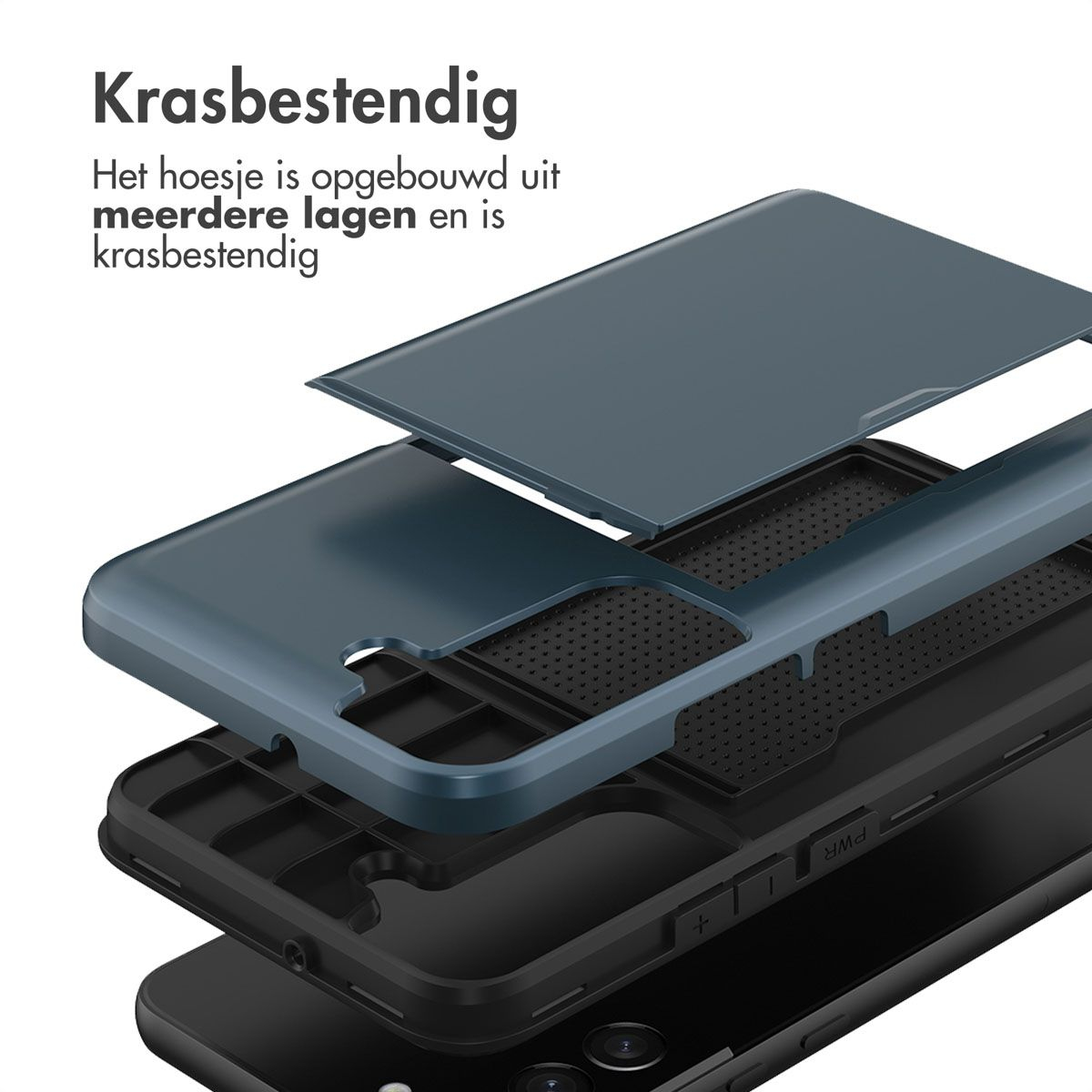 Exploded view van een telefoonhoesje. De hoes is opgebouwd uit meerdere lagen. Tekst: 'Krasbestendig. De hoes is opgebouwd uit meerdere lagen.'