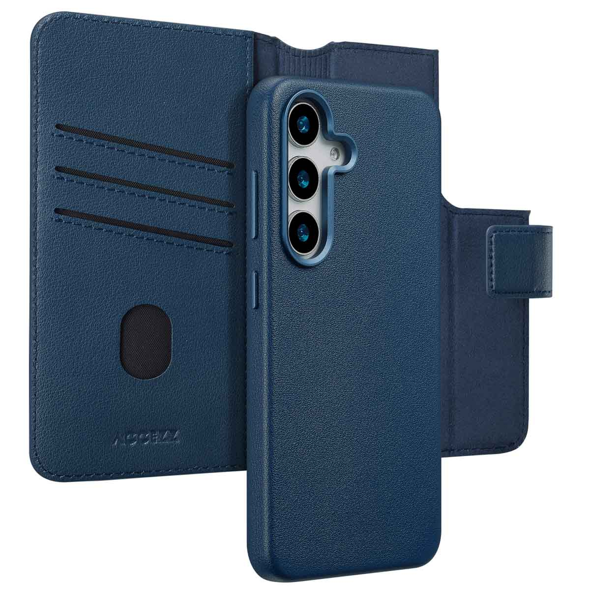 Een blauwe telefoonhoes met portemonneefuncties, open om de telefoon te onthullen. De hoes heeft kaartsleuven en een magnetische sluiting.